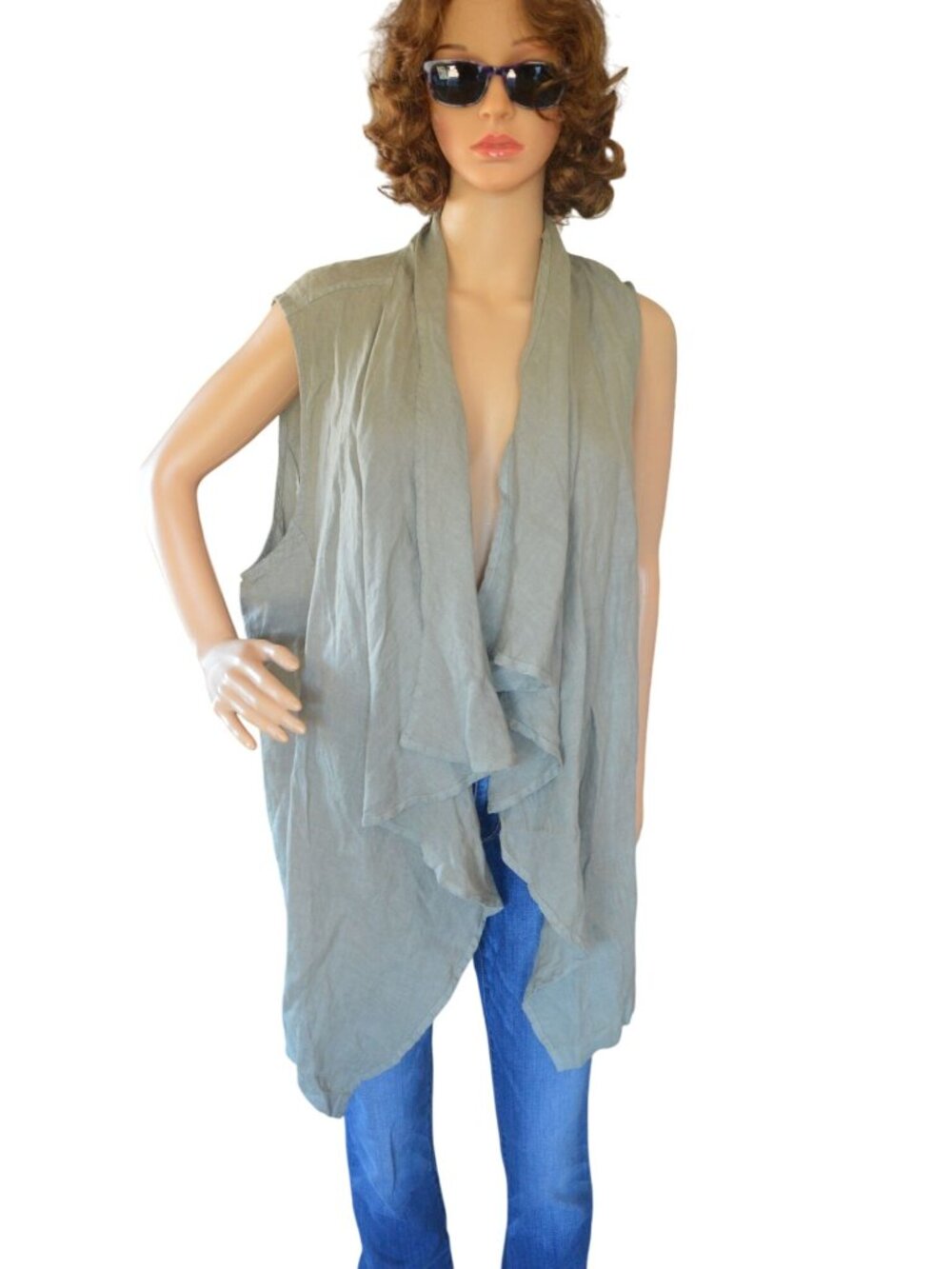 New Nicole Miller New York Linen Open Draped Vest Sage Green Women Size 1X Boho